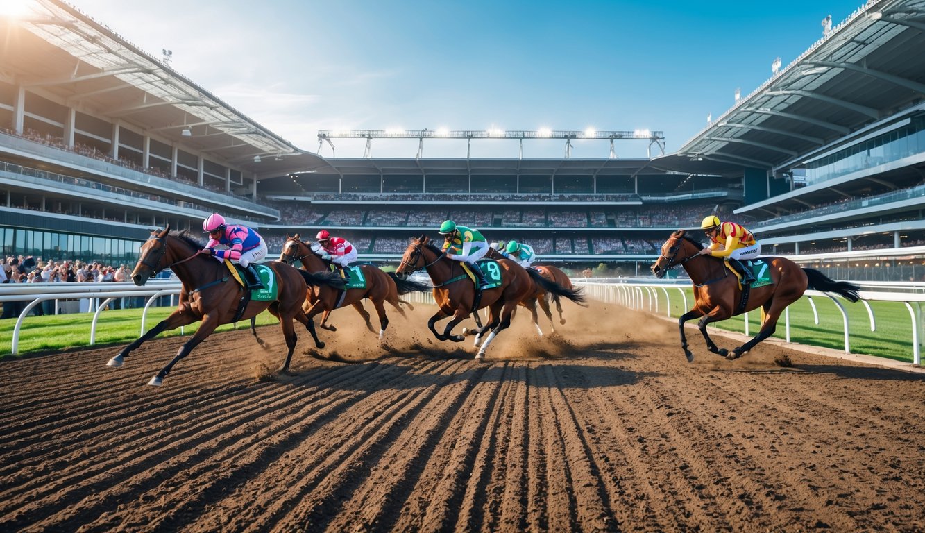 Beberapa kuda pacu dengan joki berwarna-warni sedang berlari cepat di lintasan balap dengan tribun penuh penonton di latar belakang.