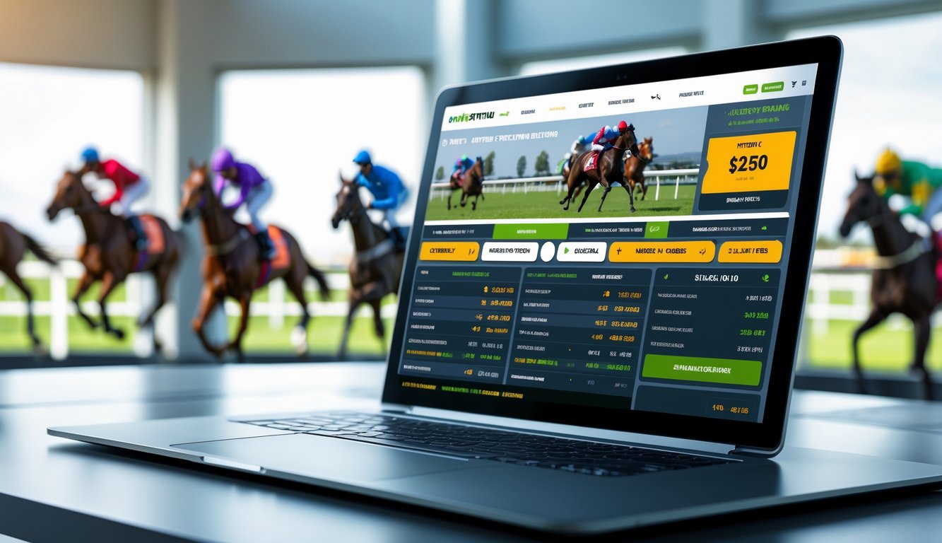 Seseorang menggunakan perangkat digital untuk memasang taruhan balap kuda dengan latar belakang lintasan balap dan kuda yang sedang berlari.