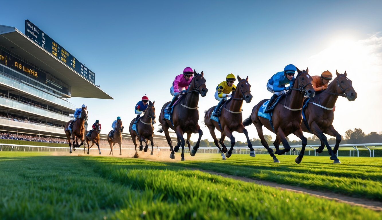 Lomba pacuan kuda dengan beberapa joki yang sedang berlomba di lintasan balap di siang hari dengan penonton yang antusias di tribun.