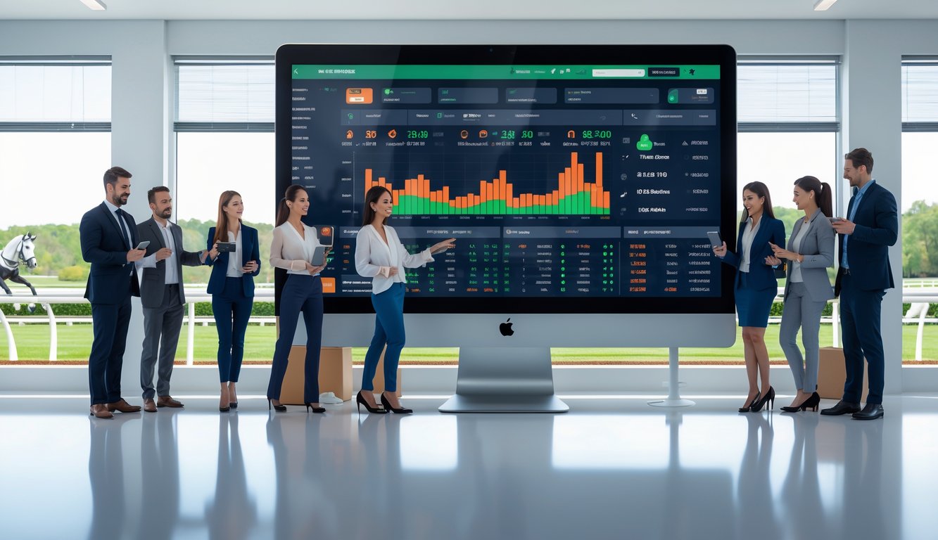 Sekelompok profesional muda sedang melihat layar komputer yang menampilkan fitur taruhan langsung balap kuda di kantor modern.