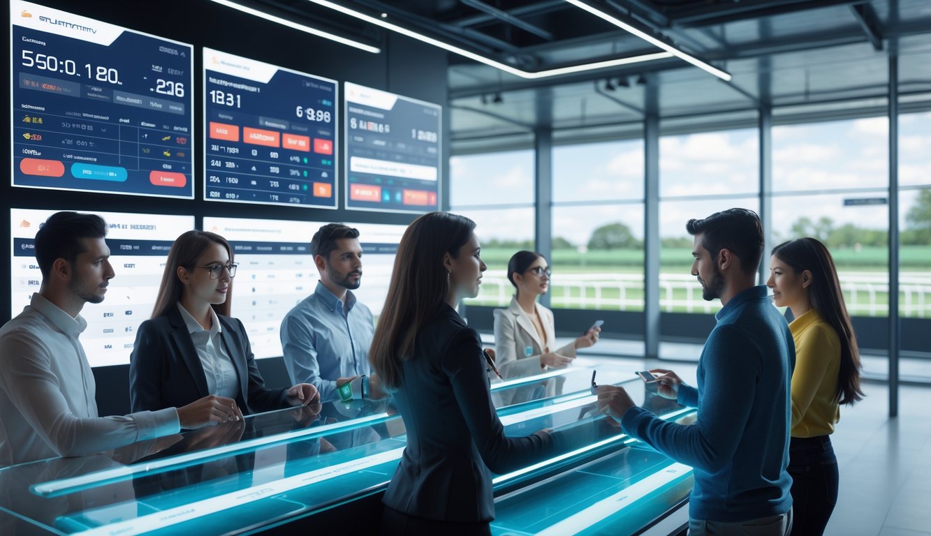 Sejumlah orang menggunakan platform taruhan balap kuda dengan layar digital yang menampilkan informasi balapan secara langsung.