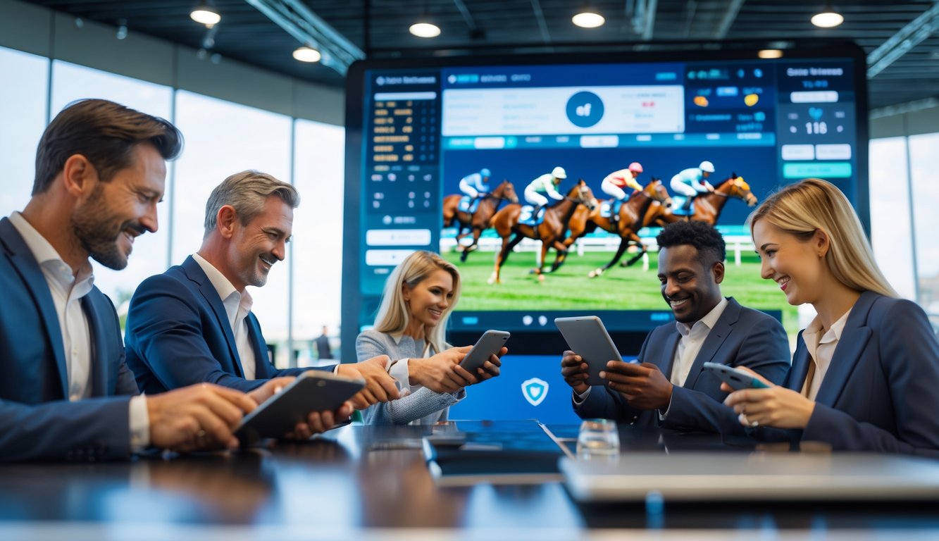 Orang-orang menggunakan perangkat digital untuk memasang taruhan balap kuda dengan layar besar menampilkan balapan kuda di latar belakang.