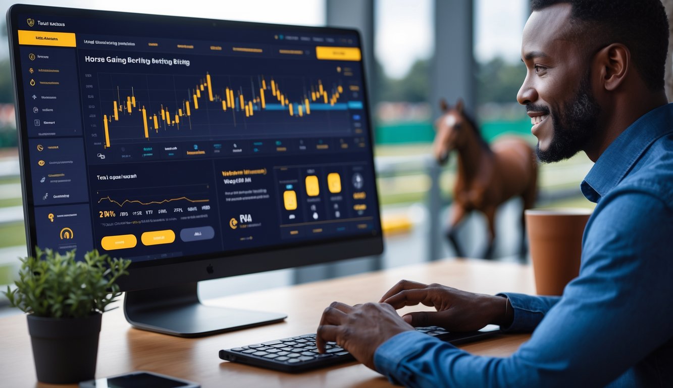 Seseorang menggunakan komputer dengan tampilan situs judi balap kuda dan elemen terkait balap kuda di latar belakang.