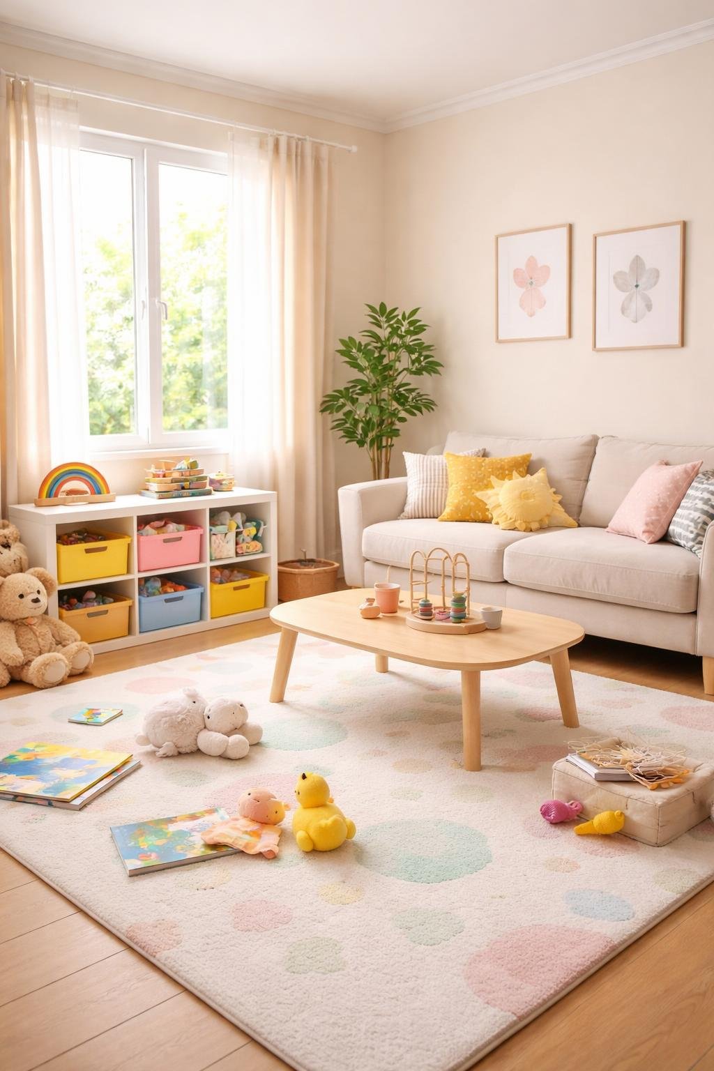A small living room with a sofa, play mat, toys, and storage bins, designed for a family with children.