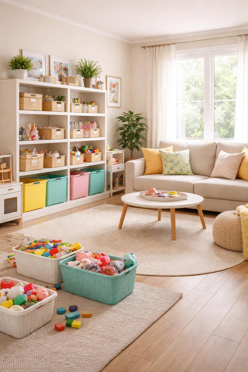 A small living room with organized shelves holding toys and storage bins, a sofa, a coffee table, and natural light coming through windows.