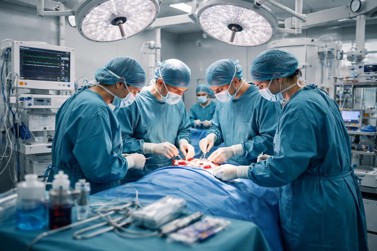A surgical team performing heart surgery on a patient in a modern hospital operating room.