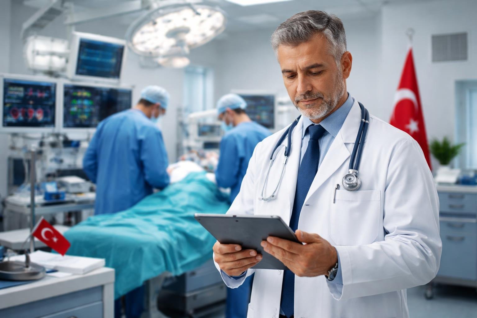 A Turkish doctor reviewing medical documents in a hospital with a cardiac surgery team and equipment in the background.