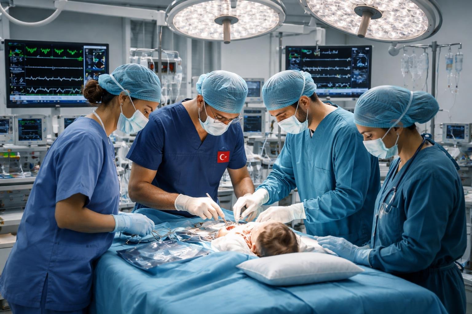 Medical team performing pediatric heart surgery in a modern hospital operating room with advanced equipment.