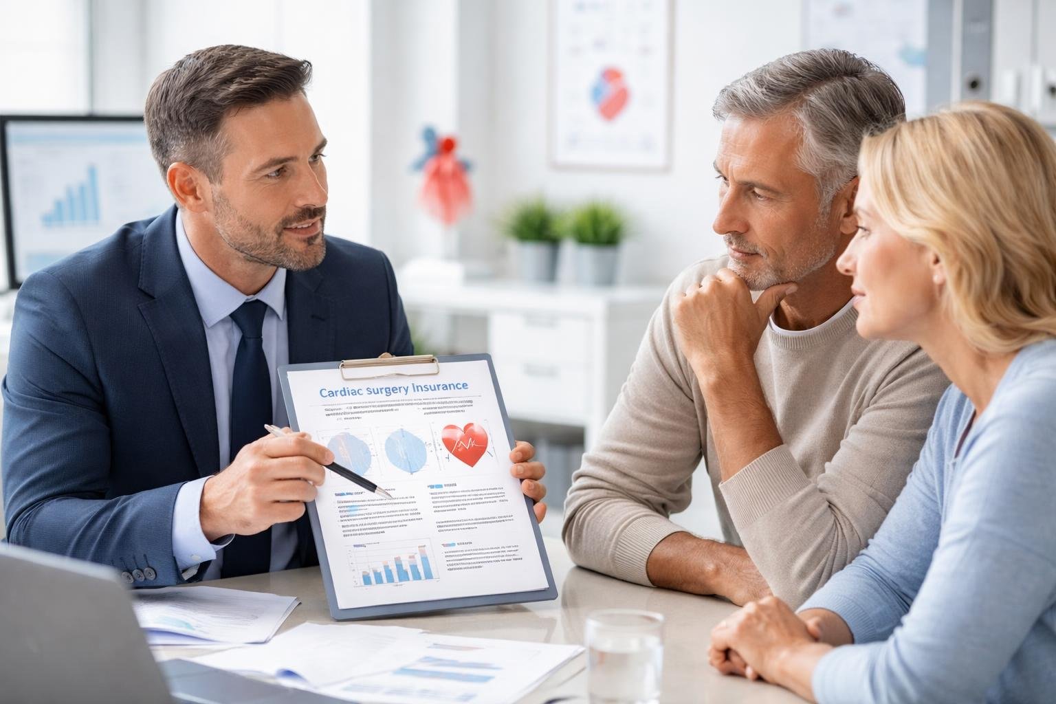 A couple consulting with an insurance advisor about cardiac surgery insurance in a modern office.