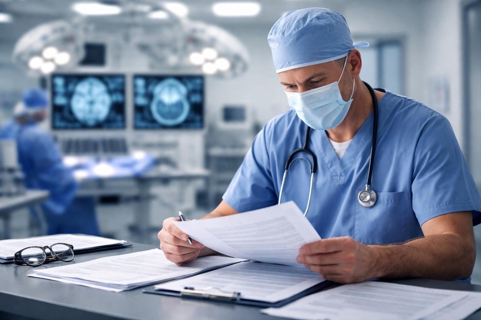 A neurosurgeon in scrubs reviewing medical and insurance documents in a hospital with surgical equipment and brain scan monitors in the background.