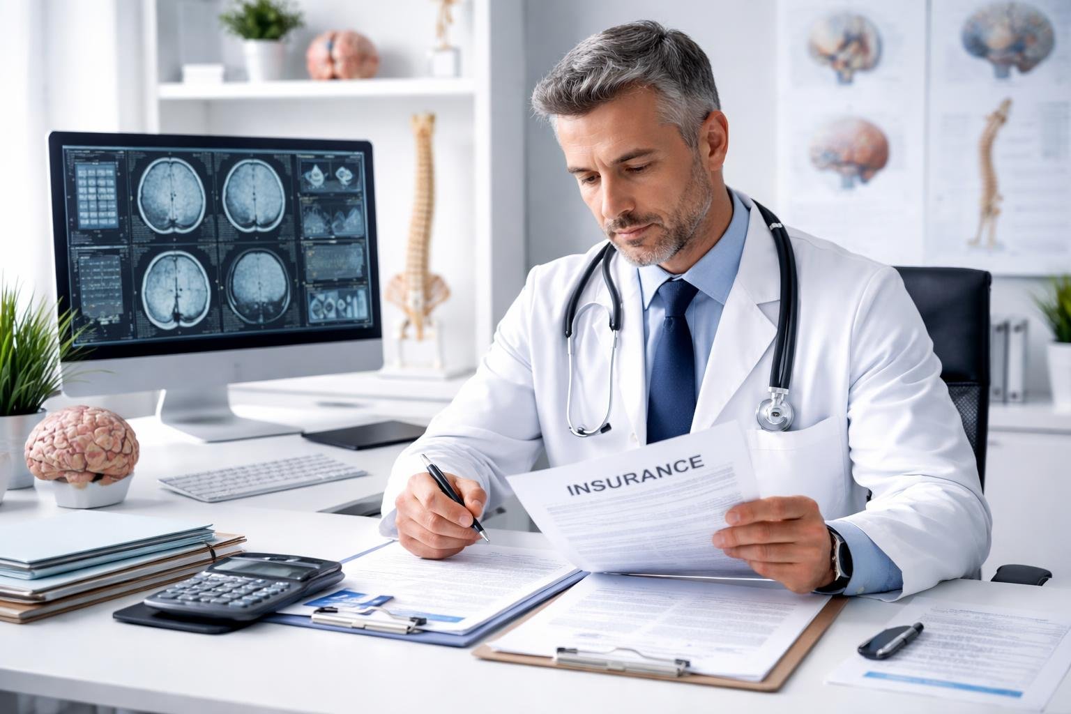 A neurosurgeon reviewing medical documents and insurance paperwork in a modern medical office with brain models and a computer showing brain scans.