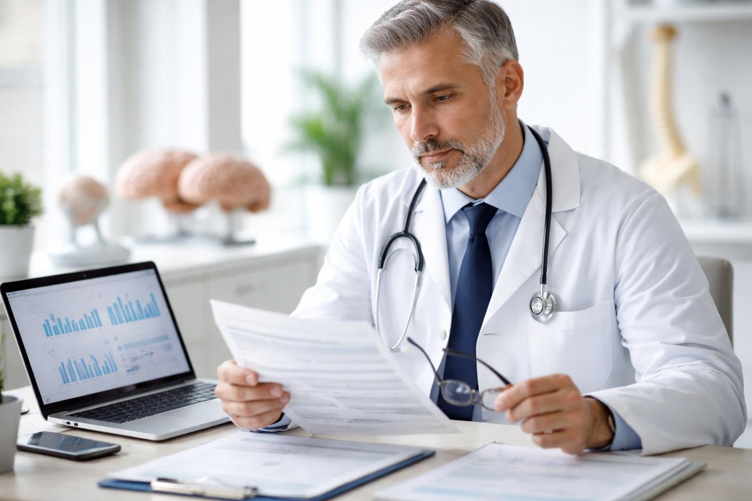 A healthcare professional reviewing insurance documents in a medical office with brain models and a laptop.