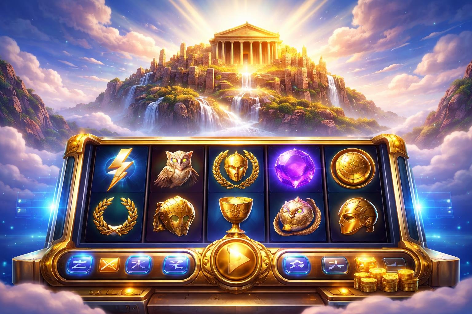 Ilustrasi pemandangan Gunung Olympus dengan mesin slot bertema mitologi Yunani dan simbol-simbol seperti petir Zeus dan burung hantu Athena.