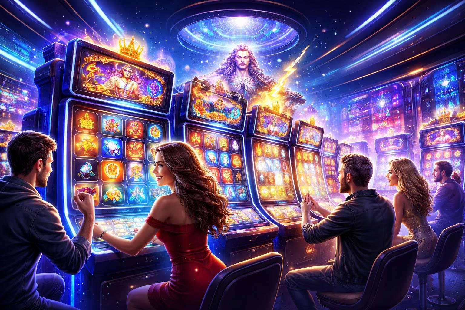 Ilustrasi pemain yang sedang bermain mesin slot bertema mitologi Olympus di sebuah ruang permainan modern dan futuristik.