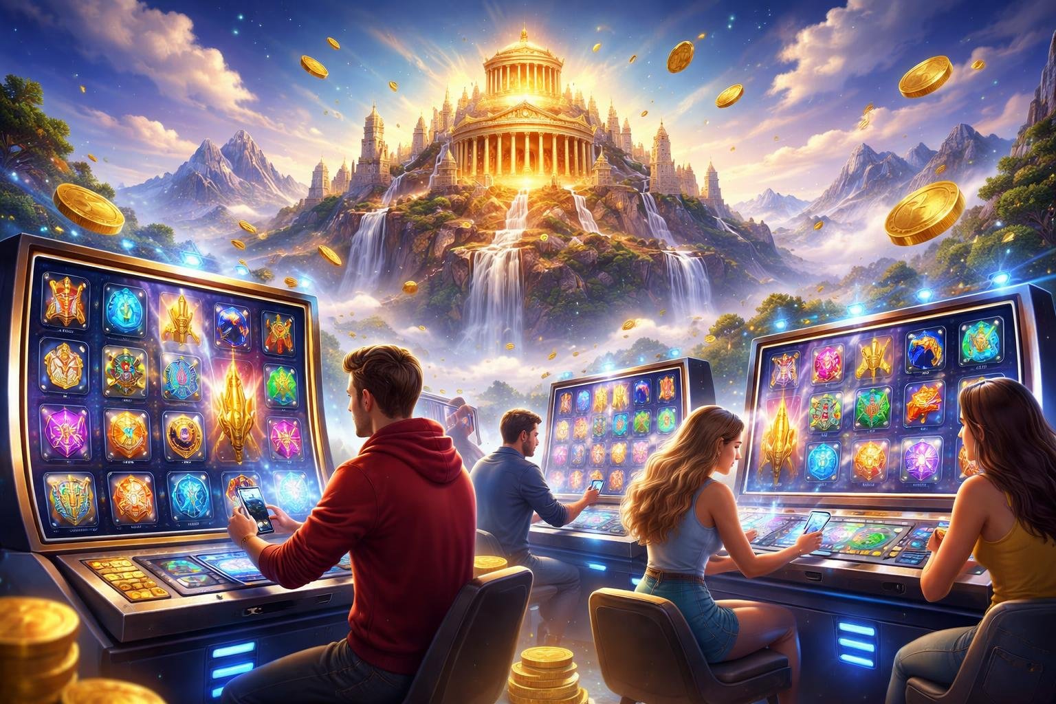 Pemandangan kuil kuno di puncak gunung dengan pemain yang sedang bermain mesin slot bertema dewa-dewa Olympus di lingkungan yang cerah dan penuh energi.