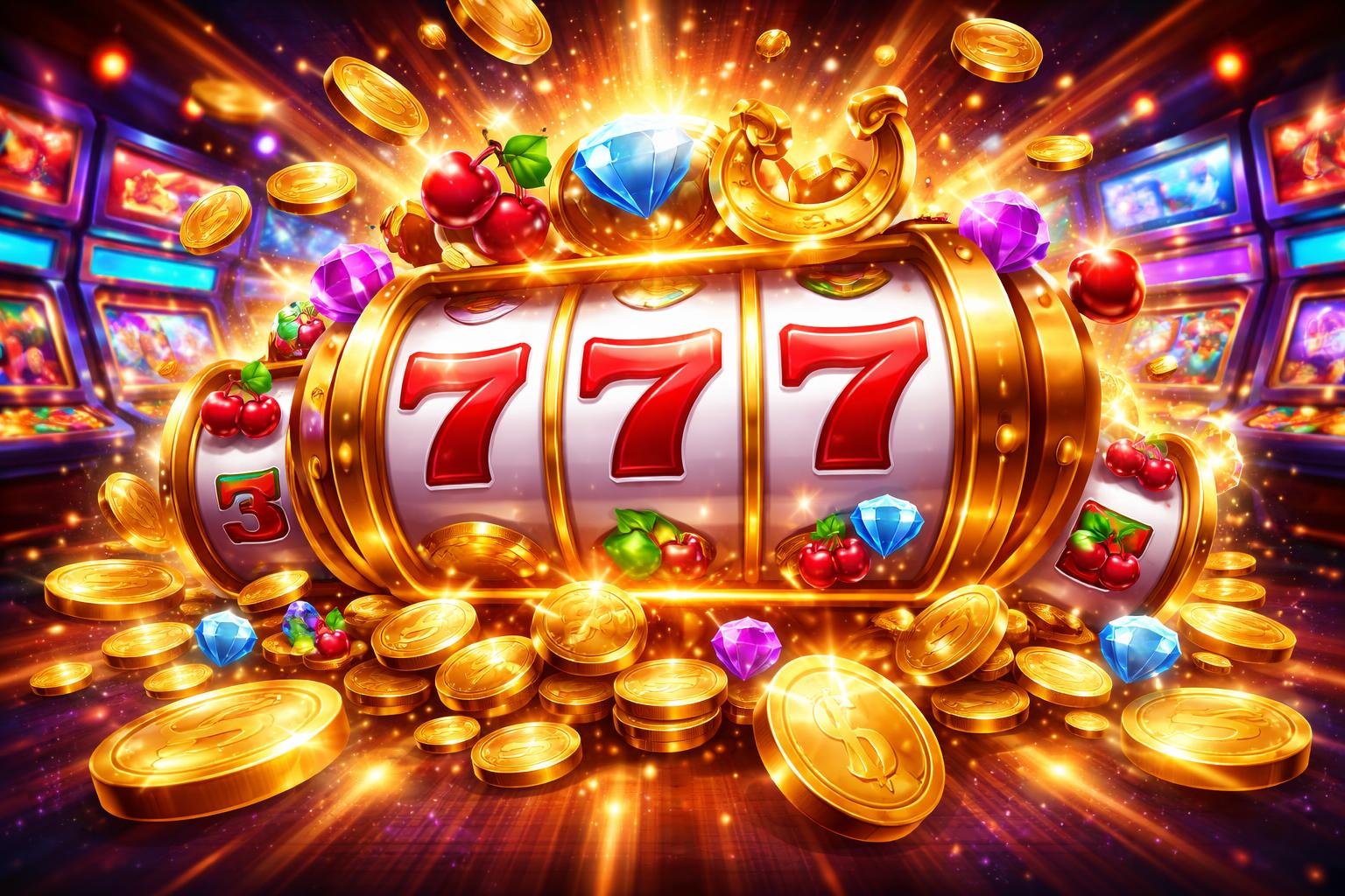 Ilustrasi mesin slot berwarna-warni dengan simbol buah, koin emas, dan permata di latar kasino yang mewah dan cerah, menampilkan suasana kemenangan dan kegembiraan.