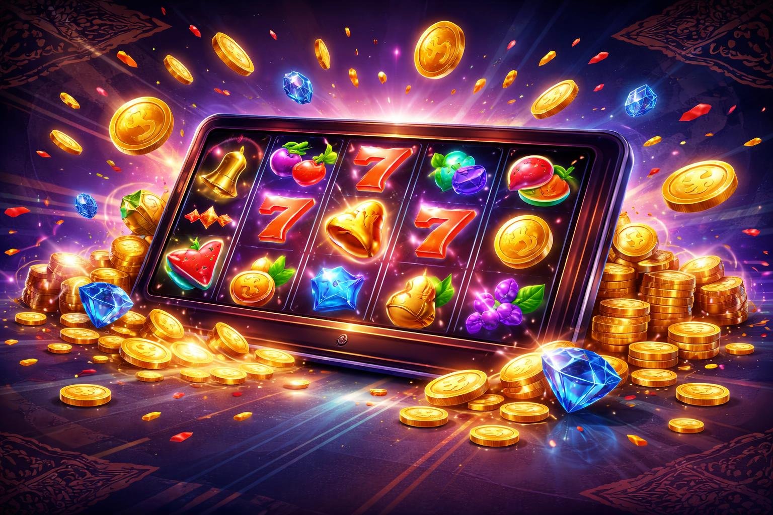 Ilustrasi perangkat digital menampilkan permainan slot dengan simbol warna-warni, koin emas dan efek cahaya yang menunjukkan kemenangan, dengan latar belakang pola abstrak dan motif budaya Indonesia.