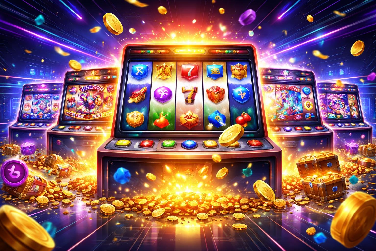 Ilustrasi layar permainan slot online dengan beberapa mesin slot berwarna-warni dan latar belakang futuristik yang menampilkan suasana kemenangan dan koin berkilauan.