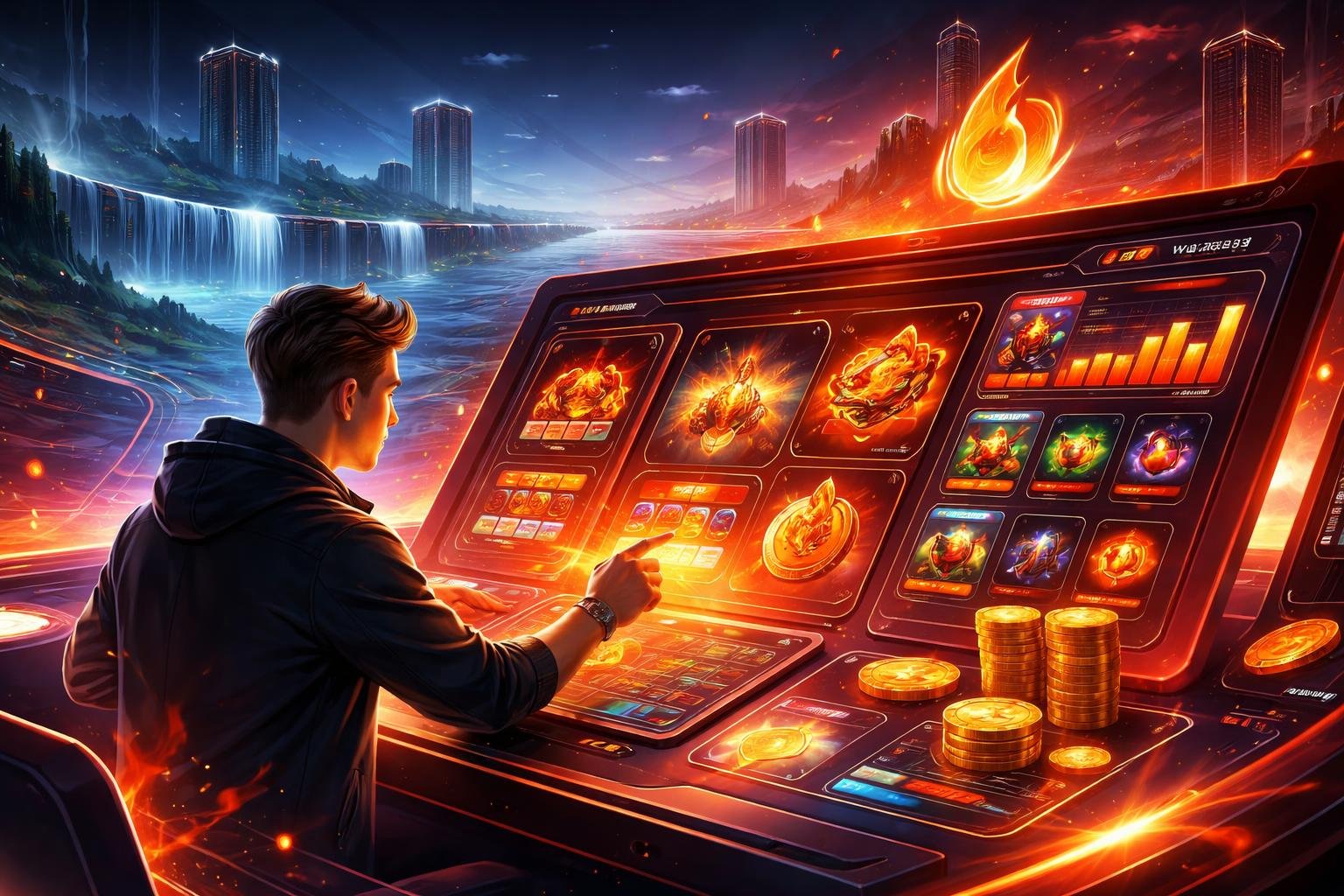 Seorang pemain menggunakan antarmuka permainan digital futuristik dengan elemen warna merah dan oranye, di latar belakang terdapat bentuk abstrak yang menyerupai waduk dan pemandangan kota futuristik.