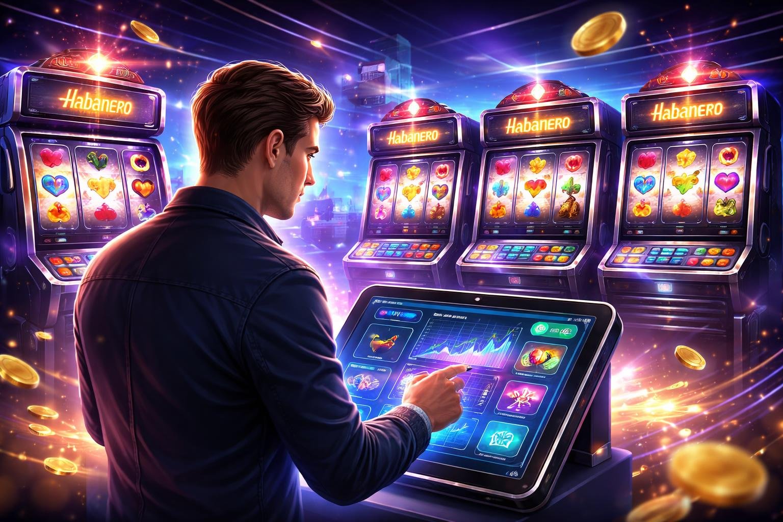 Seorang pemain sedang menggunakan mesin slot modern di kasino futuristik dengan lampu warna-warni dan tampilan digital yang menggambarkan permainan slot Habanero dan platform WADUK89.