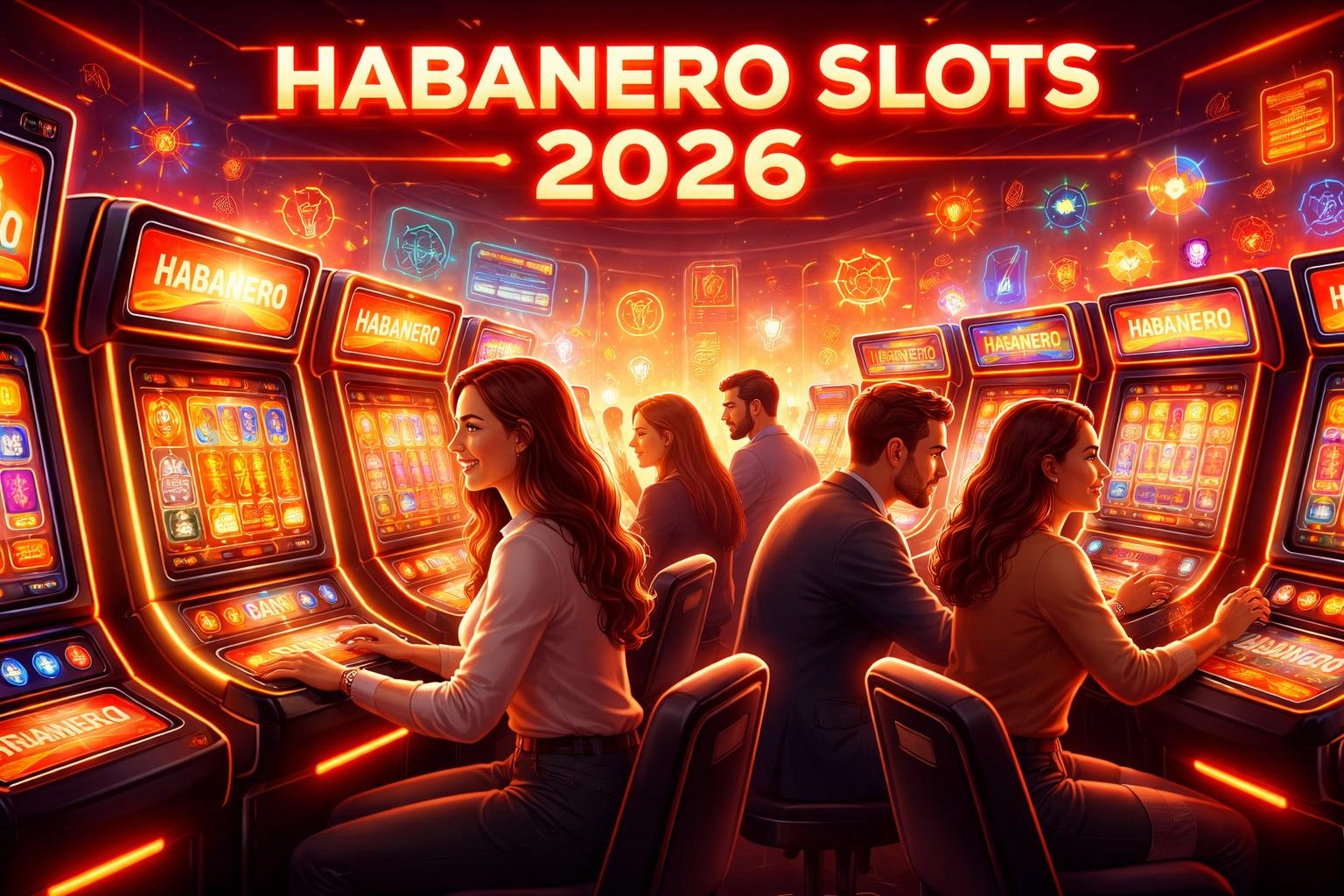 Beberapa pemain sedang bermain mesin slot Habanero di kasino modern dengan lampu neon dan layar digital di latar belakang.