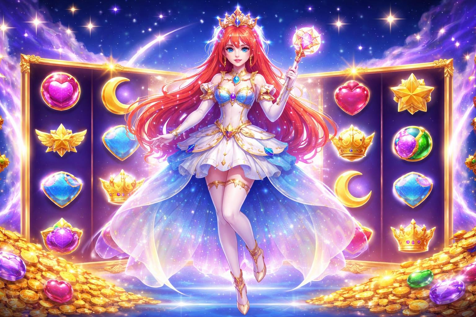 Seorang putri bercahaya berdiri di tengah mesin slot berwarna-warni dengan latar langit malam berbintang.