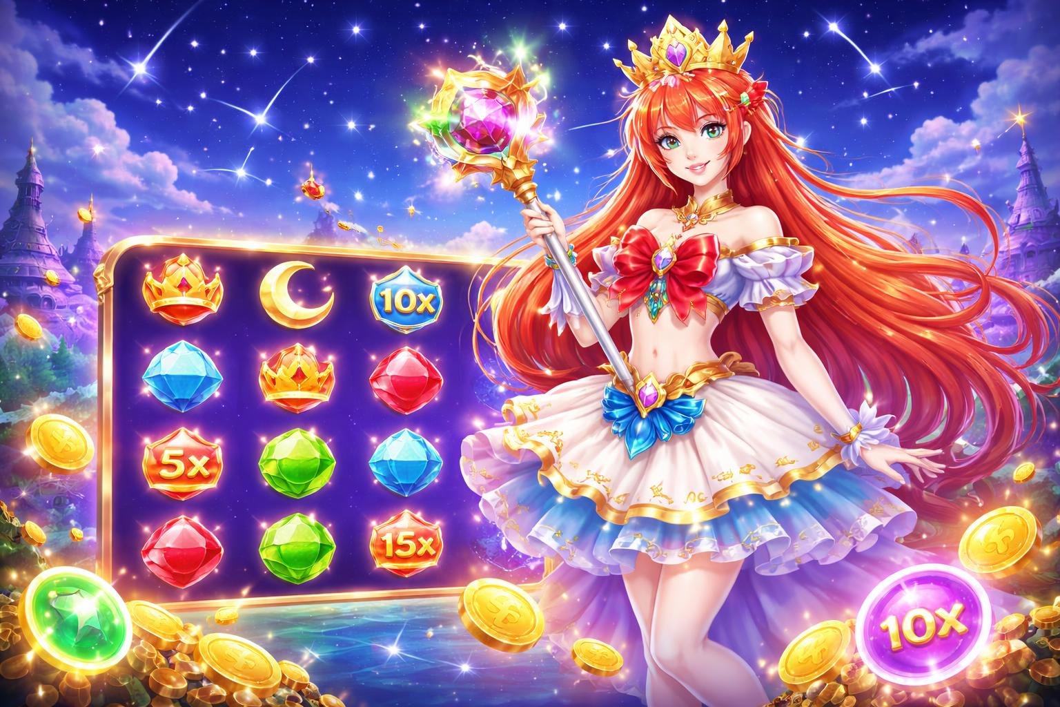Ilustrasi seorang putri bercahaya di tengah latar malam penuh bintang dengan simbol-simbol permainan slot berwarna-warni di sekitarnya.