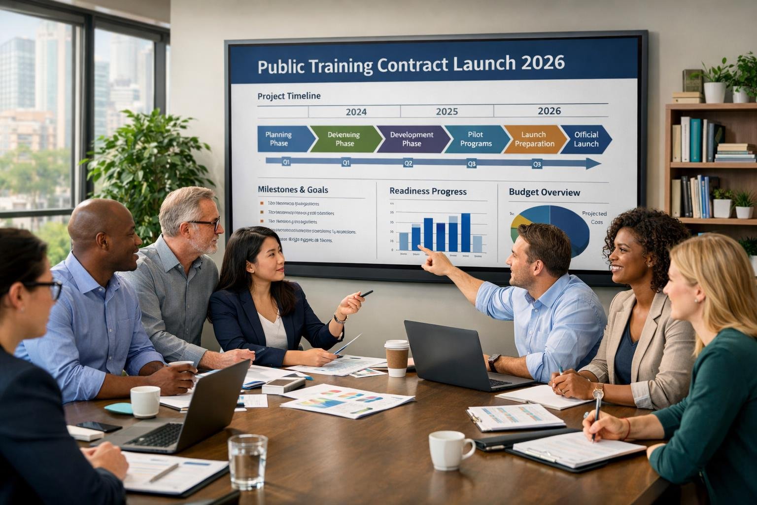 Un groupe de professionnels en réunion autour d'une table, discutant d'un projet de lancement de formation publique en 2026.