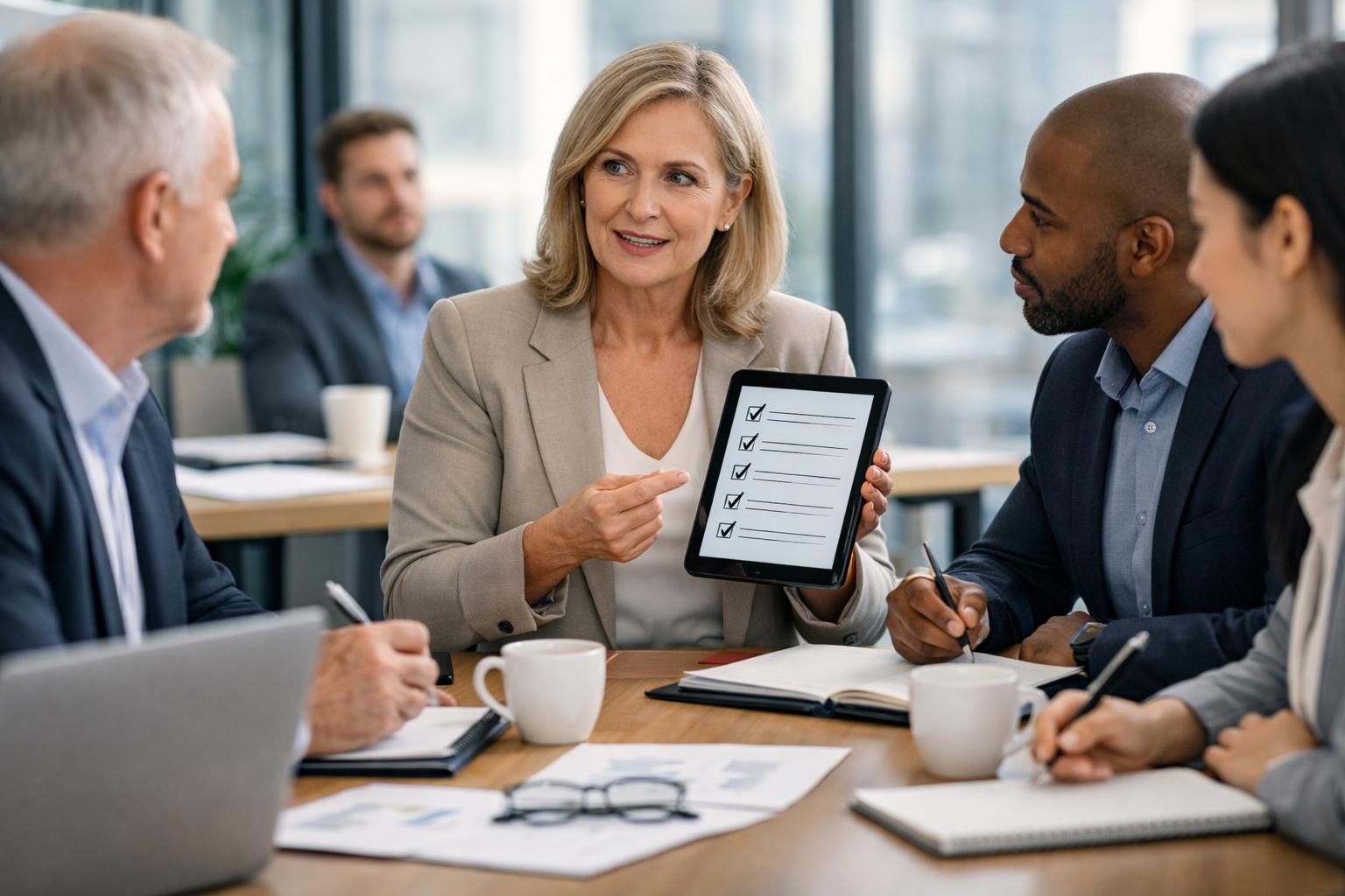 Un groupe de professionnels en réunion dans une salle de conférence lumineuse, discutant autour d'une tablette numérique et de documents.