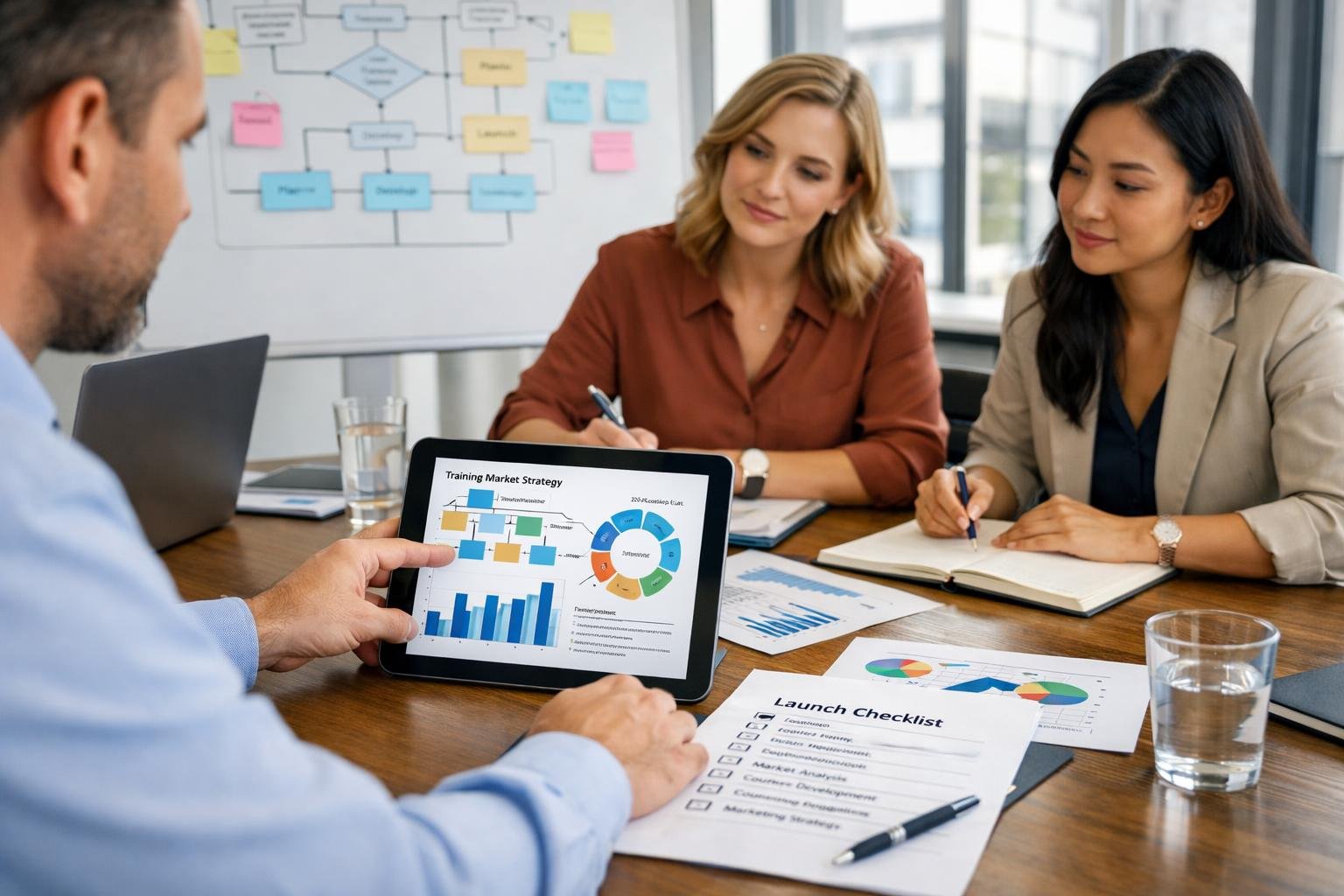 Un groupe de professionnels en réunion dans une salle de conférence, examinant des documents et des tableaux pour planifier un projet.