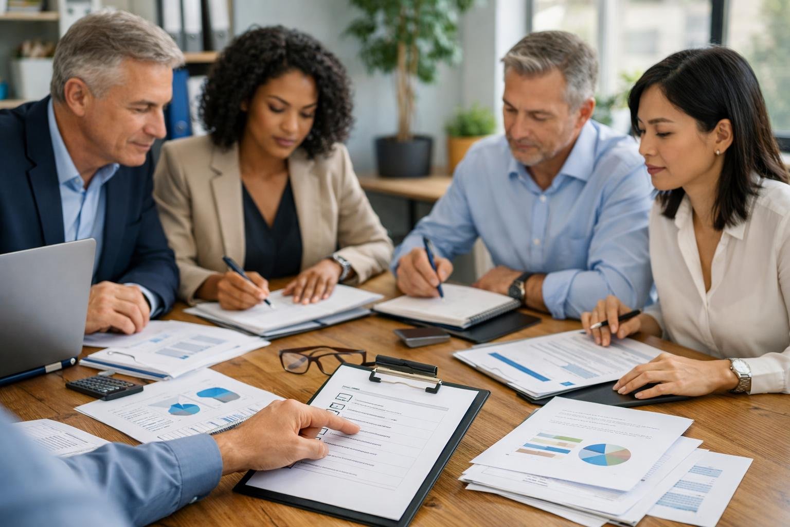Des professionnels en réunion autour d'une table de travail avec des documents et des ordinateurs, préparant un dossier de consultation pour un marché public de formation.