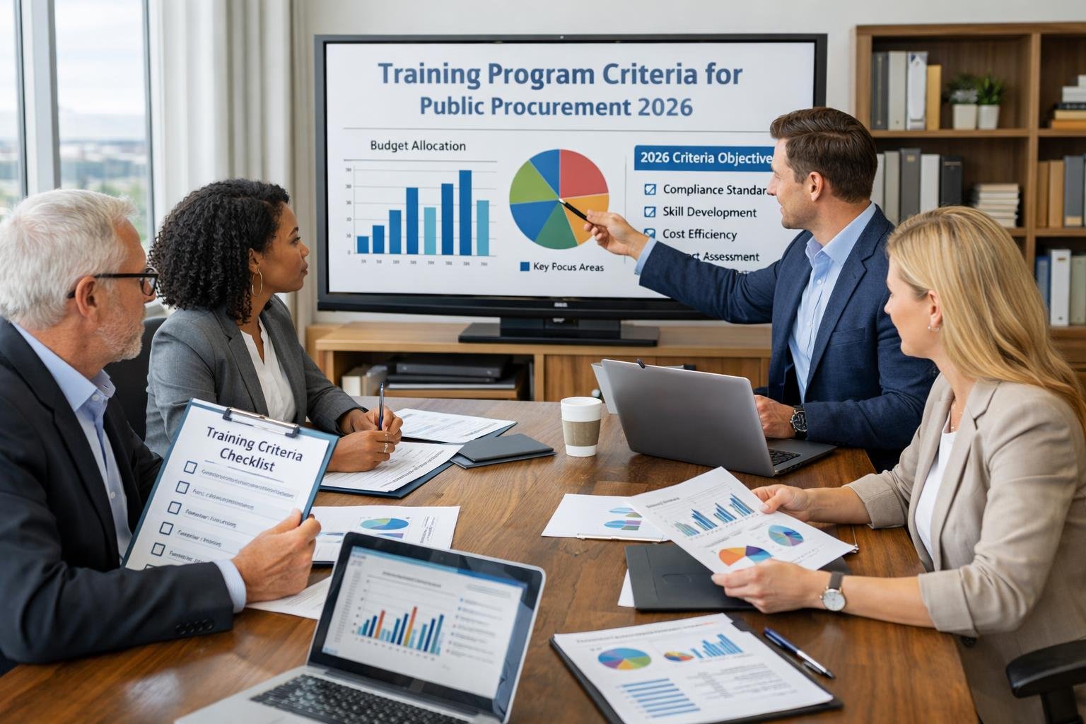 Un groupe de professionnels en réunion autour d'une table de conférence, examinant des documents et des graphiques liés à la formation.