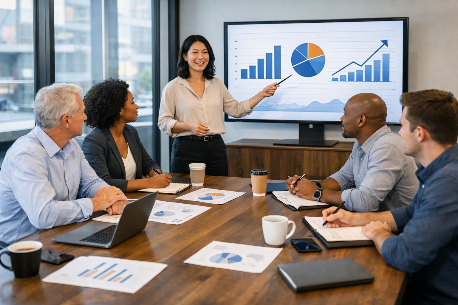 Un groupe de professionnels en réunion dans une salle de conférence, discutant et planifiant autour d’une table avec des ordinateurs portables et des documents.