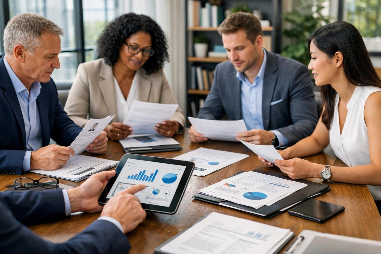 Un groupe de professionnels en réunion dans une salle de conférence, examinant des documents et des appareils numériques pour analyser des candidatures et des offres de formation.