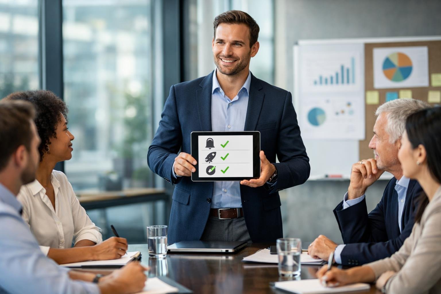 Des professionnels en réunion dans un bureau moderne, discutant et préparant un projet de marché public de formation.