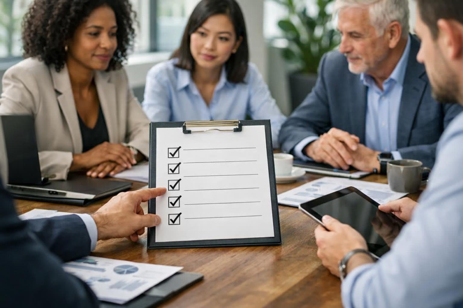 Un groupe de professionnels en réunion autour d'une table avec des documents et des appareils électroniques, discutant d'un projet important.