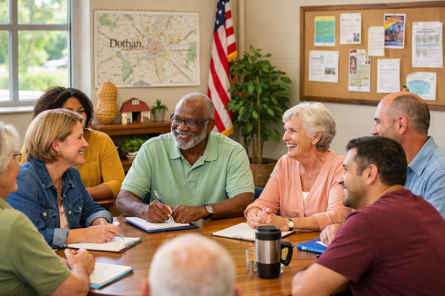 A diverse group of people gathered around a table in a community center, engaged in a friendly discussion.