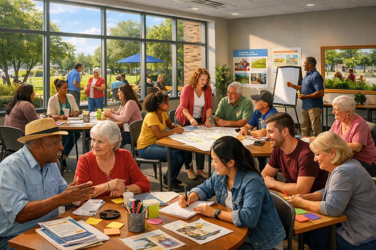 People of various ages and backgrounds gathered inside a community center, engaging in group activities and discussions.