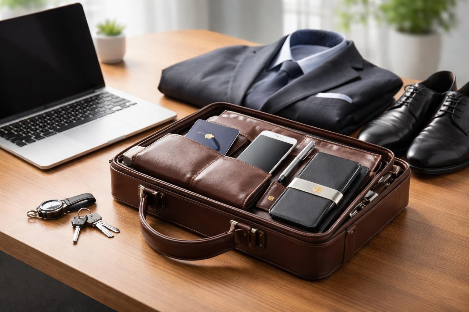 Geschäftsreise Packliste: Alles Wichtige für die Reise 2 Ein aufgeräumter Schreibtisch mit einem Laptop, einer Ledertasche, einem Anzug, Schuhen und Reisezubehör für eine Geschäftsreise.