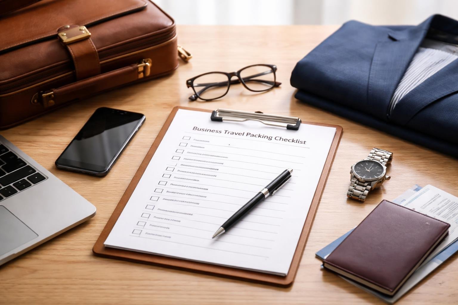 Geschäftsreise Packliste: Alles Wichtige für die Reise 3 Ein aufgeräumter Schreibtisch mit Laptop, Smartphone, Lederaktentasche, Reisepass, Brille, Armbanduhr und einem zusammengelegten Anzug, bereit für eine Geschäftsreise.