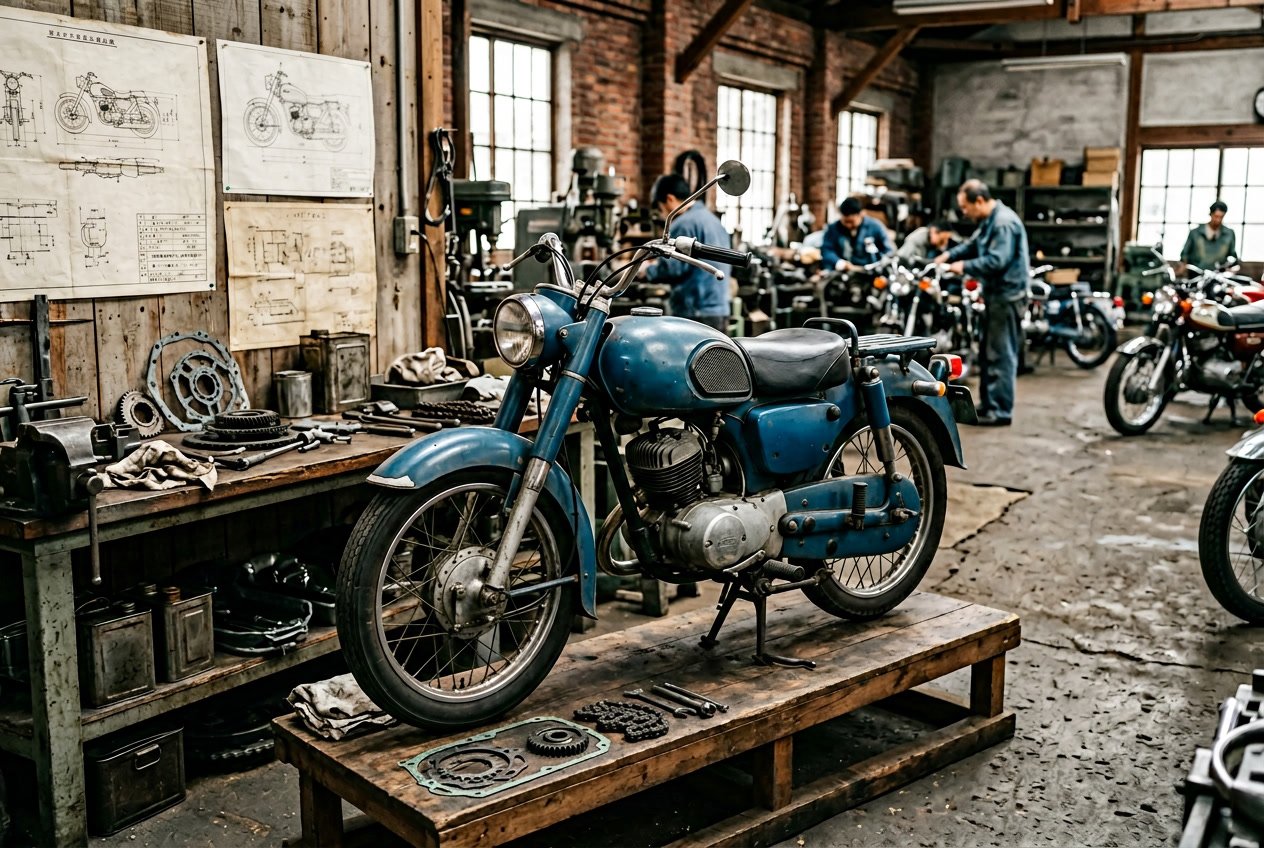 Sepeda motor Kawasaki vintage di dalam bengkel dengan alat-alat mekanik dan cetak biru di sekitar, menggambarkan asal usul dan perkembangan awal merek Kawasaki.