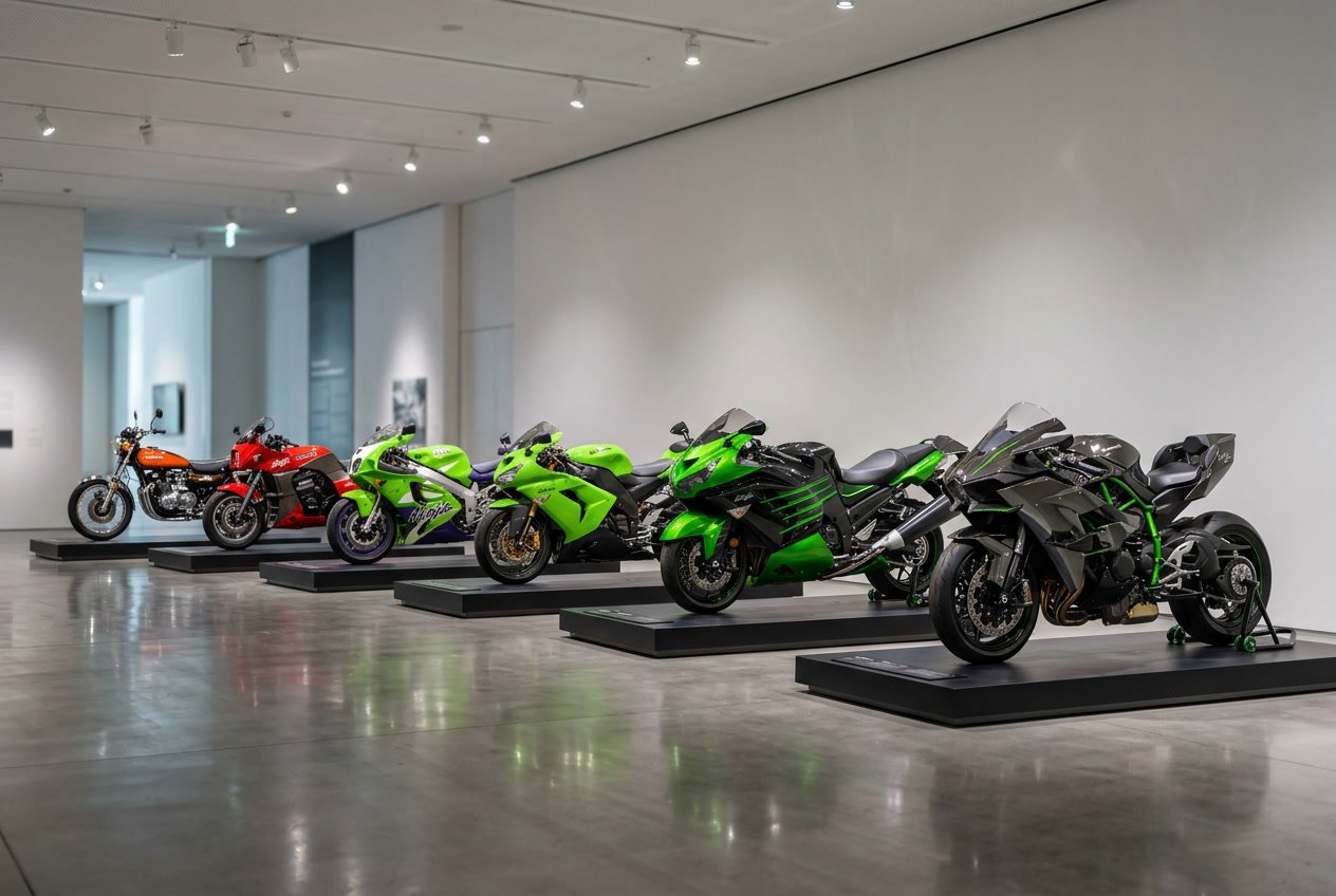 Deretan sepeda motor Kawasaki dari berbagai era yang dipajang secara berurutan di sebuah ruang pamer yang terang dan bersih.