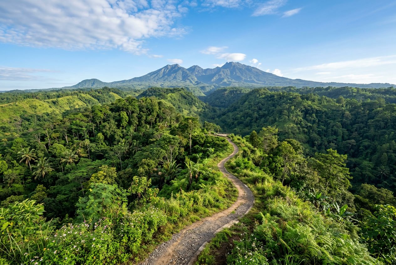 Pemandangan alam hijau dengan bukit, hutan lebat, dan jalan setapak di Puthuk Kreweng di bawah langit biru cerah.