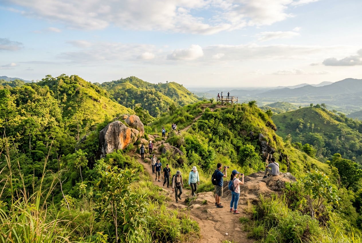 Pemandangan alam Puthuk Kreweng dengan pengunjung yang sedang mendaki dan menikmati pemandangan di atas bukit hijau dan batuan alami.