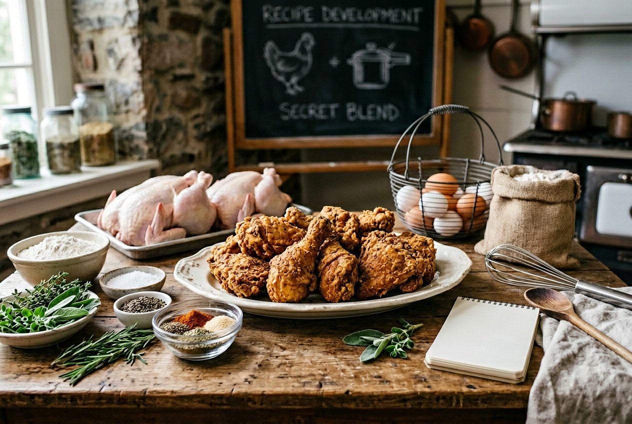 Piring ayam goreng KFC dengan bahan-bahan segar dan rempah-rempah di atas meja kayu di dapur tradisional.