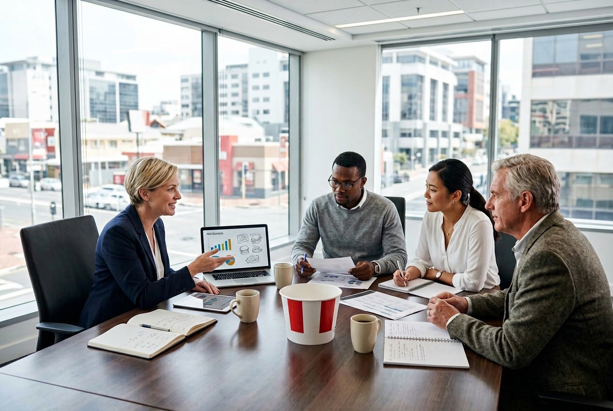 Sekelompok profesional bisnis sedang berdiskusi di ruang rapat dengan makanan ayam goreng KFC di tengah meja.