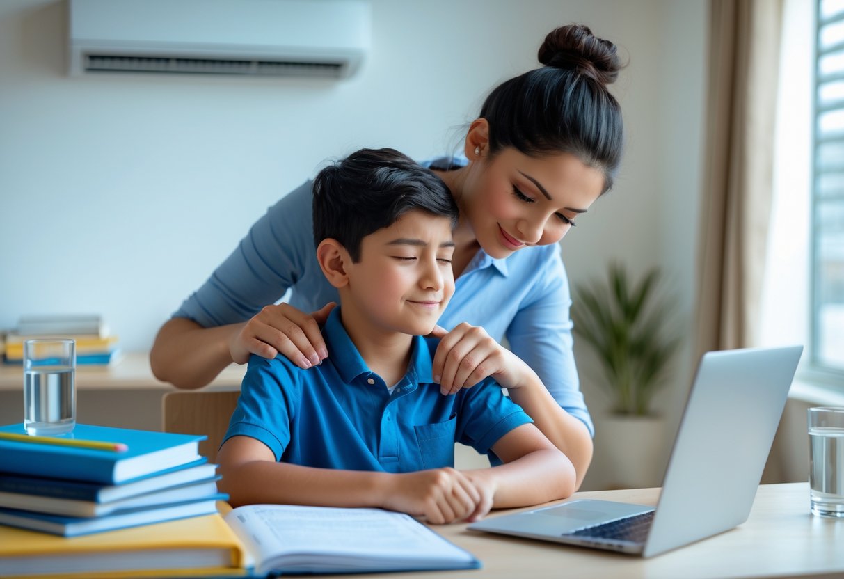 A parent comforting their child at a study desk with books and a laptop, with an air conditioner visible in the background. A parent comforting their child at a study desk with books and a laptop, with an air conditioner visible in the background.
