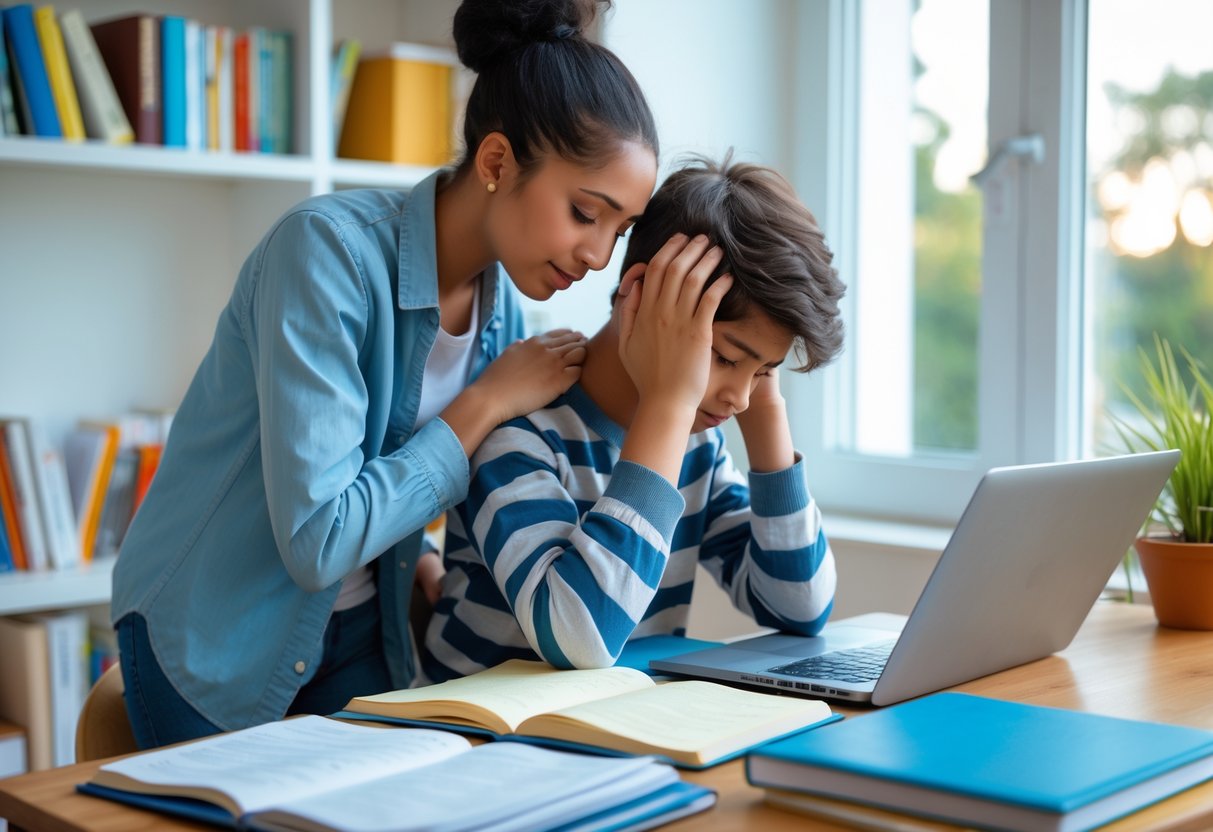 A parent comforting their stressed teenage child studying at a desk with books and a laptop. A parent comforting their stressed teenage child studying at a desk with books and a laptop.