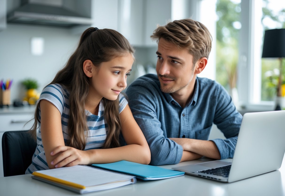 A parent and teenage child sitting at a kitchen table having a calm and supportive conversation about exam stress. A parent and teenage child sitting at a kitchen table having a calm and supportive conversation about exam stress.