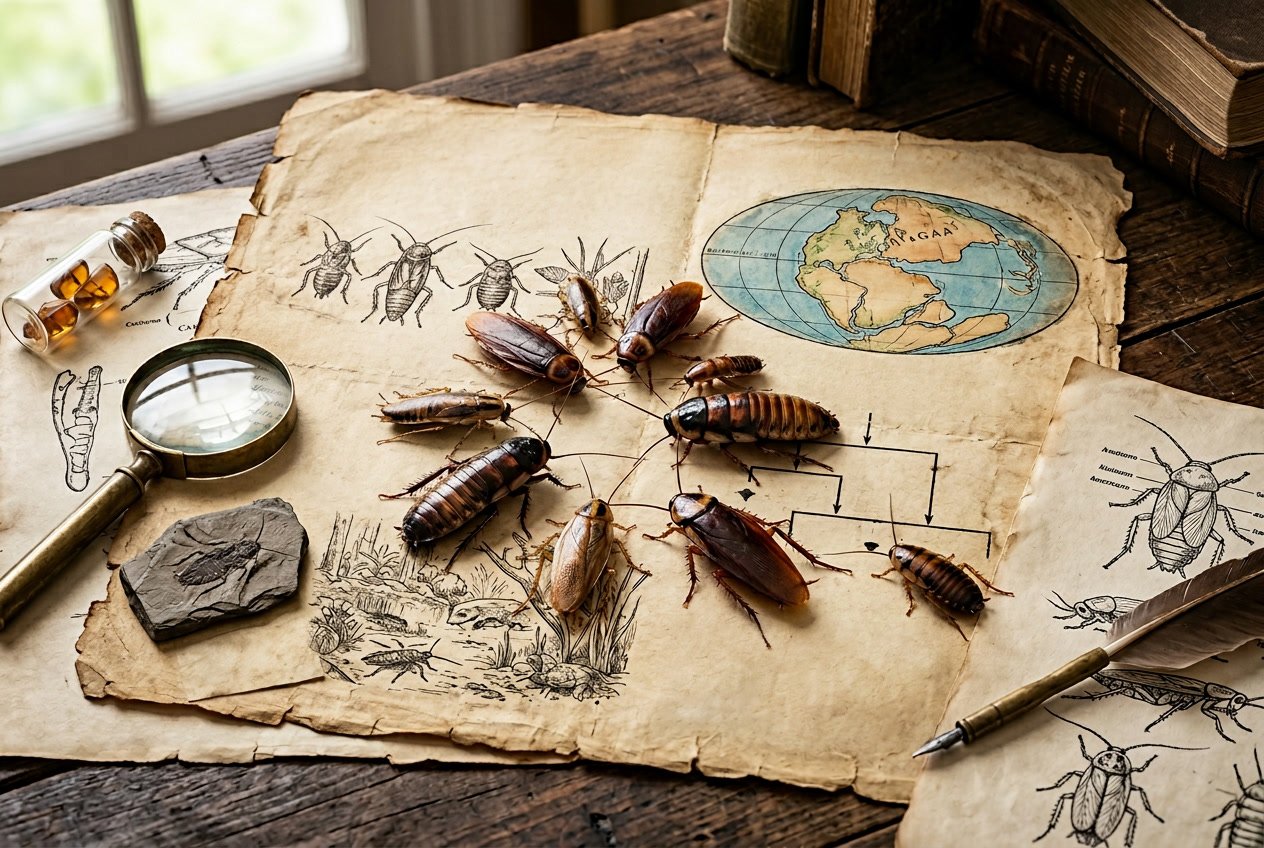 Beberapa kecoa berada di atas kertas kuno dengan gambar peta dan ilustrasi fosil di latar belakang.